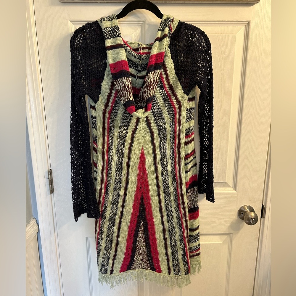 Gimmicks by BKE cardigan with vibrant striped pattern and fringe hem boho